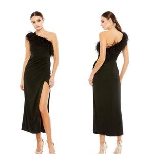 Mac Duggal Black One-Shoulder Feather Dress NWT 14